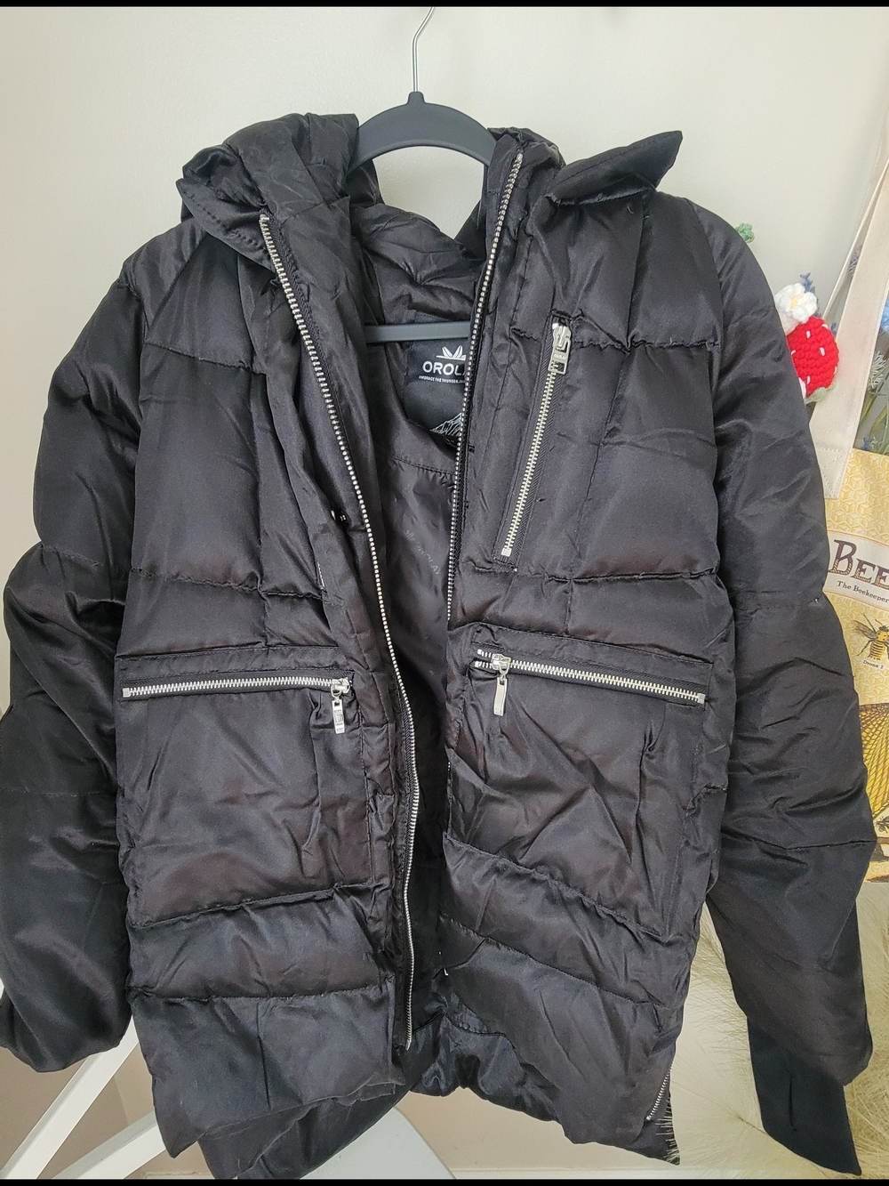 OROLAY Womens Black Quilted Puffer Jacket with Hood Size S